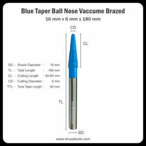 Blue Taper Ball Nose Vacuum Brazed 16 mm x 6 mm x 180 mm