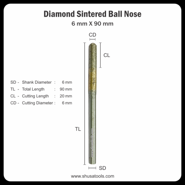 Diamond Sintered Ball Nose 6 mm x 90 mm