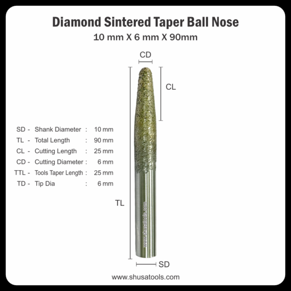 Diamond Sintered Taper Ball Nose 10mm x 6mm x 90mm